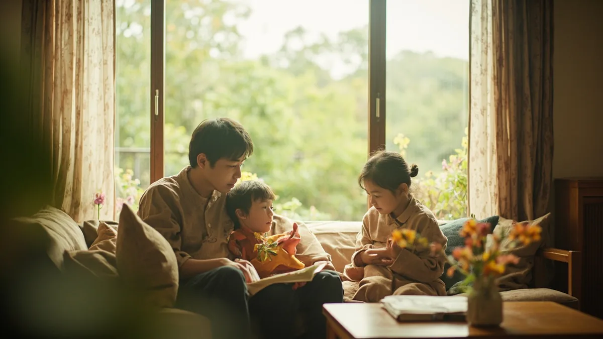 A family enjoys a quiet, peaceful moment together at home, illustrating “peace and safety year after year” in Chinese: 岁岁平安 (suìsuì píng'ān)