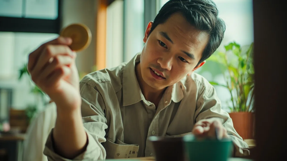 A craftsperson examines a finished piece with a satisfied expression, illustrating “perfect” in Chinese: 完美 (wánměi)