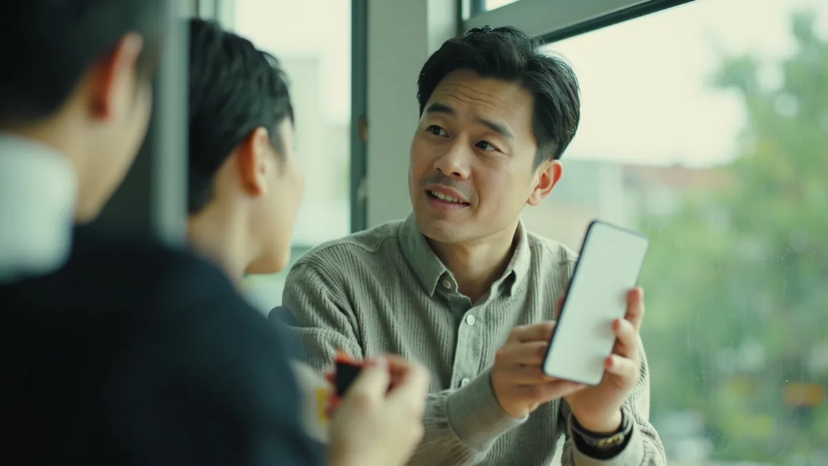 Two people exchange contact details using a small device, illustrating “phone number” in Chinese: 电话号码 (diànhuà hàomǎ)