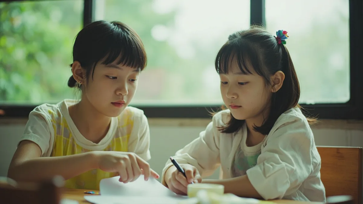 Two students discuss a grammatical structure during a study session, illustrating “phrase” in Chinese: 短语 (duǎnyǔ)