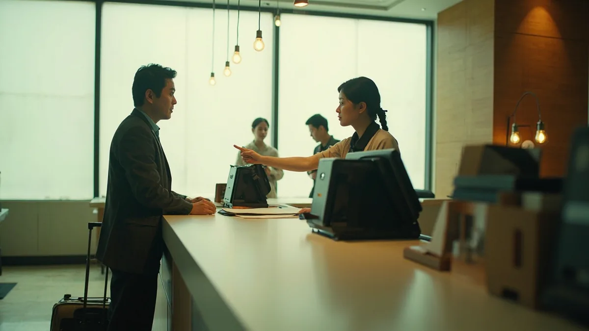 A hotel guest politely asks a concierge to arrange transportation from the lobby, illustrating “please call a taxi for me” in Chinese: 请帮我叫出租车 (qǐng bāng wǒ jiào chūzūchē)