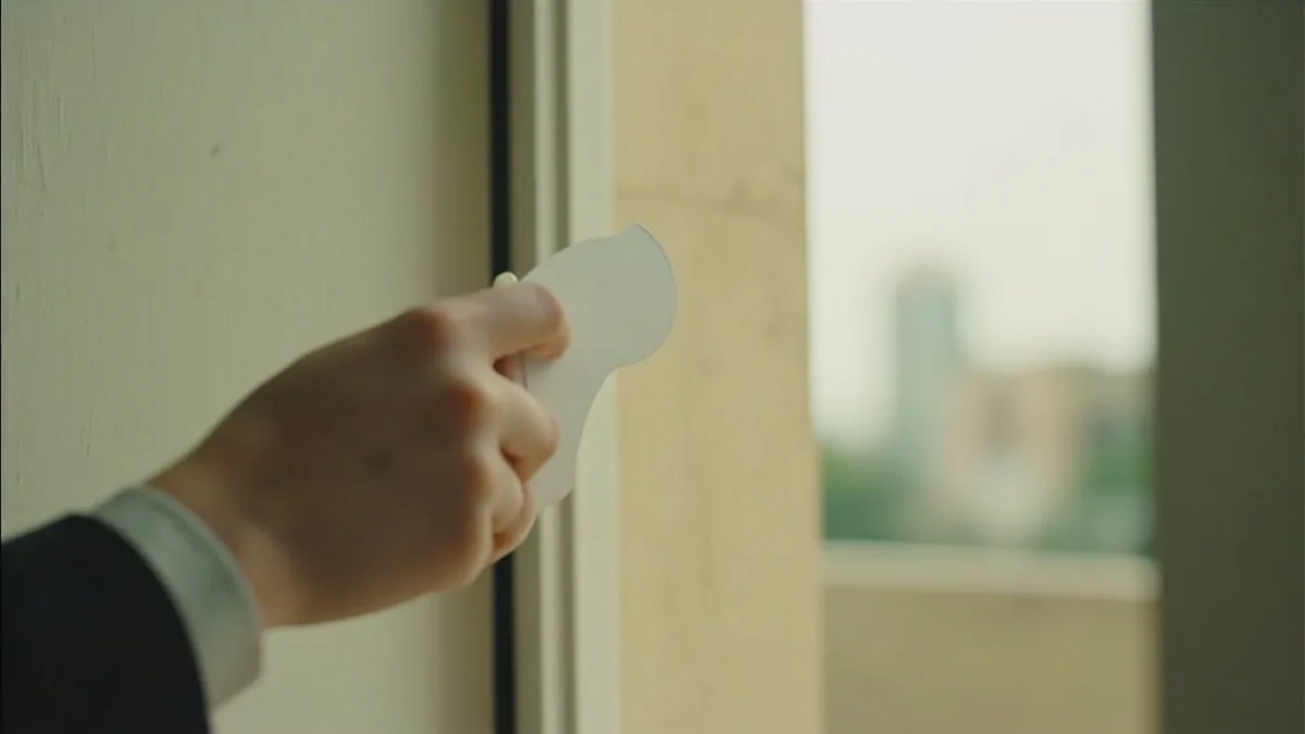 A hotel guest places a plain, unmarked hanger on their room's doorknob, illustrating “please clean the room” in Chinese: 请打扫一下房间 (qǐng dǎsǎo yíxià fángjiān)