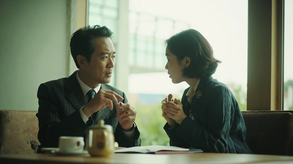 A person gestures with a pen, seeking agreement from another person, illustrating “please confirm” in Chinese: 请确认一下 (qǐng quèrèn yīxià)