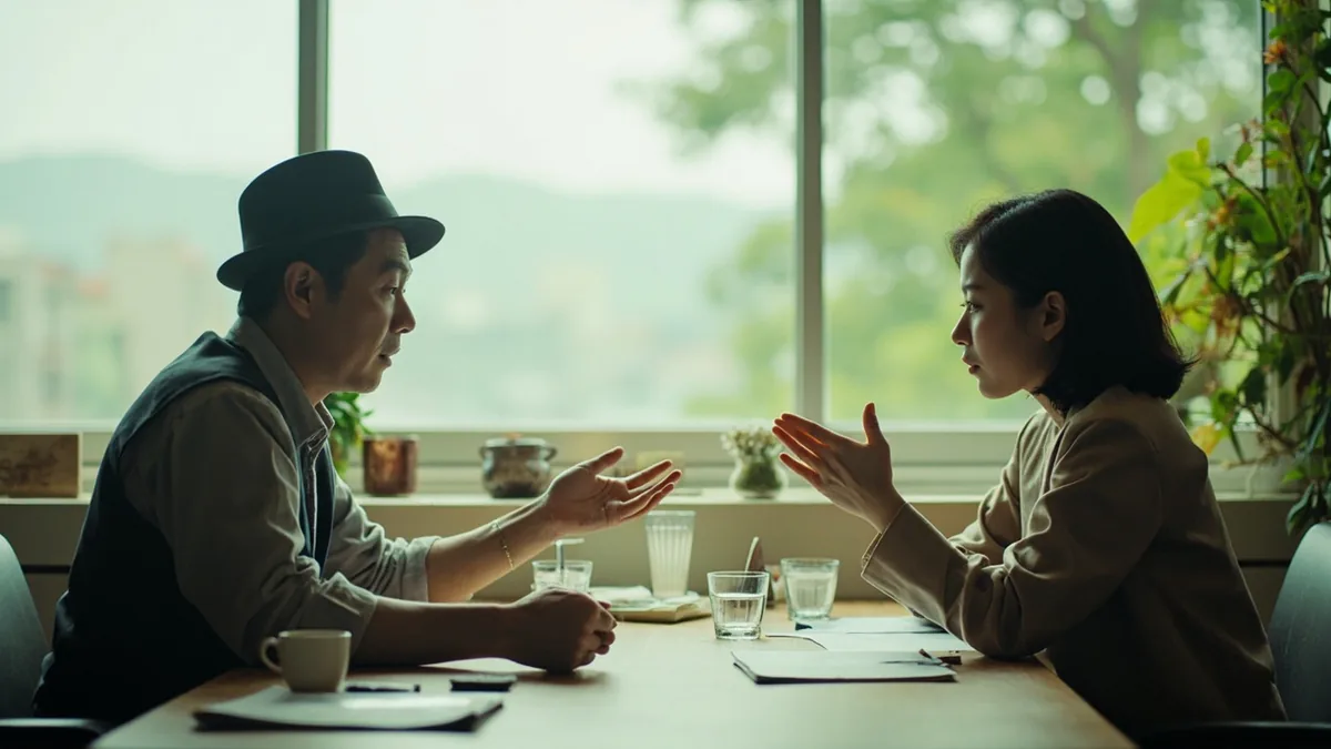 An adult makes an open-hand gesture, inviting another person to speak during a discussion, illustrating “please go ahead” in Chinese: 请讲 (qǐng jiǎng)