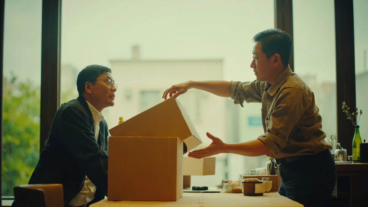 A person struggles with a heavy box, and another offers to help, illustrating “please help” in Chinese: 请帮忙 (qǐng bāngmáng)