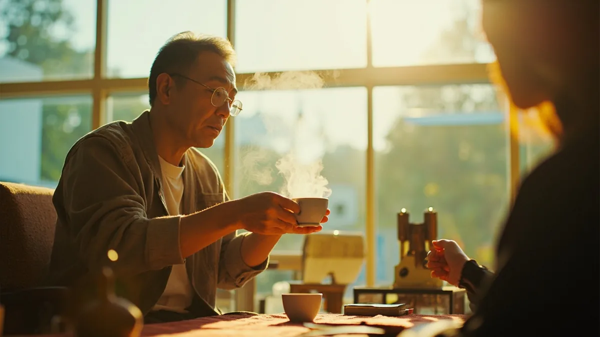 A person politely offers a cup of tea to a guest in a home, illustrating “please” in Chinese: 请 (qǐng)