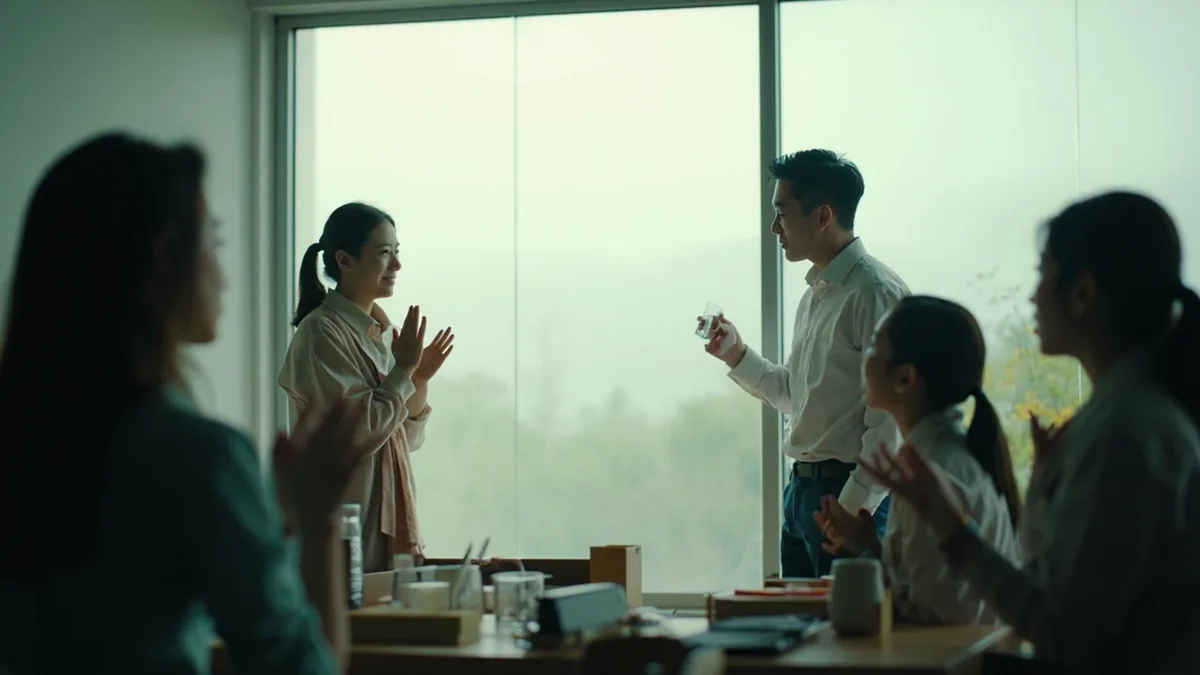 A new team member bows slightly while greeting colleagues, illustrating “please look after me or favor us” in Chinese: 请多关照 (qǐng duō guānzhào)