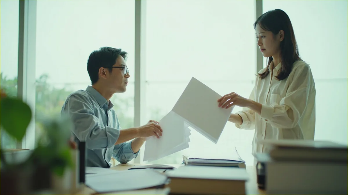 A person hands a plain folder of papers to a colleague for review, illustrating “please look at this document” in Chinese: 请看这份资料 (qǐng kàn zhè fèn zīliào)