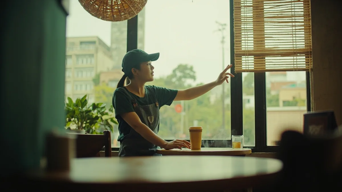 A cafe worker gestures toward an empty table for a customer, illustrating “please sit over here” in Chinese: 请坐这边 (qǐng zuò zhèbiān)