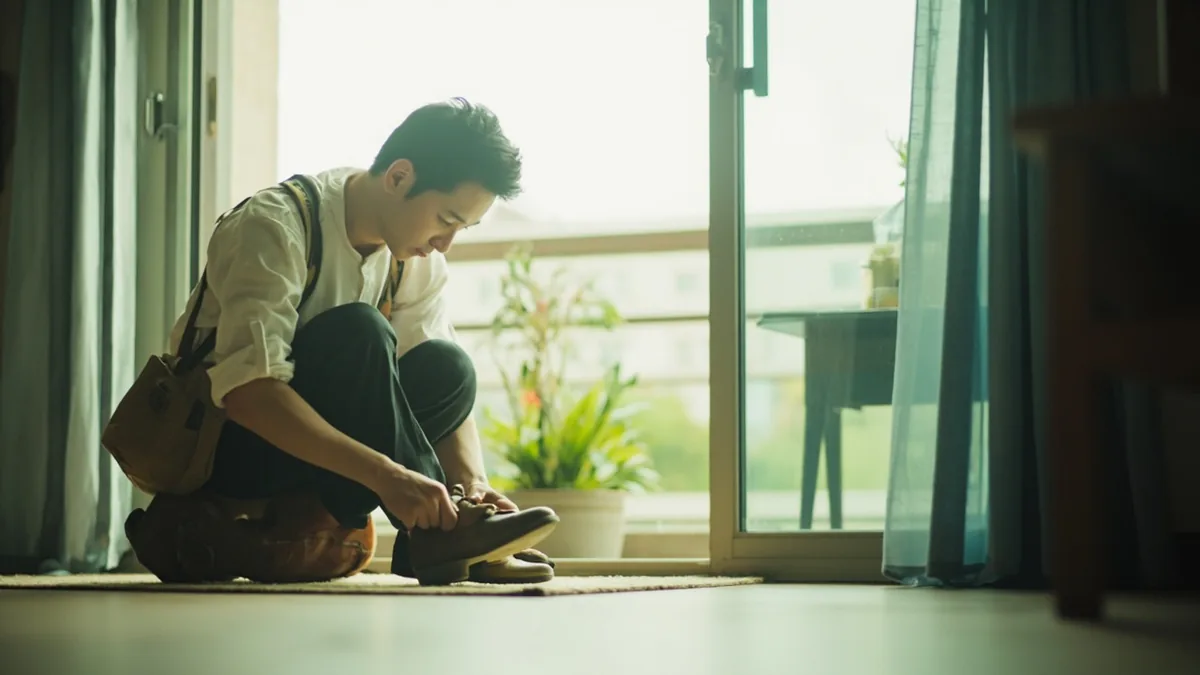 A person removes their shoes at the entrance of a home, illustrating “please take off your shoes” in Chinese: 请脱鞋进入 (qǐng tuō xié jìnrù)