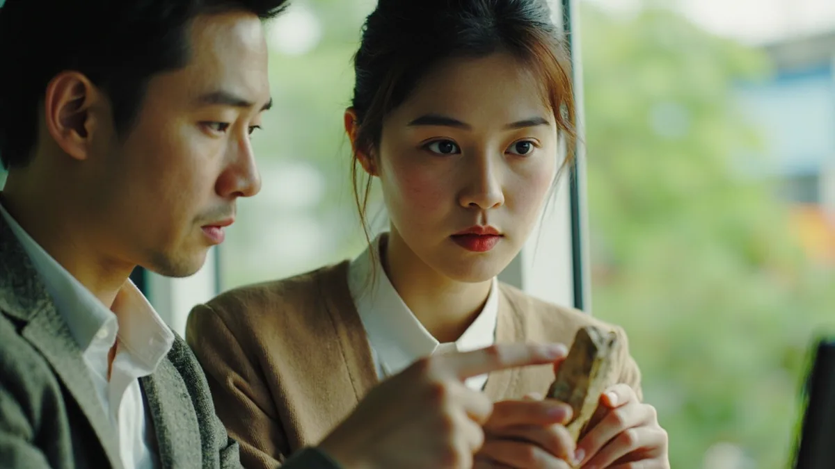 Project manager's hand firmly points to a simple object held by a colleague, emphasizing its priority, illustrating “prioritize this” in Chinese: 优先做这个 (yōuxiān zuò zhège)