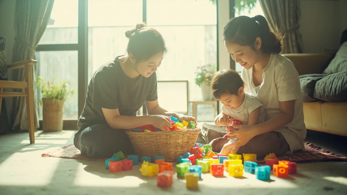 A young child gathers colorful blocks into a basket on the floor, illustrating “put away your toys” in Chinese: 收拾玩具 (shōushi wánjù)