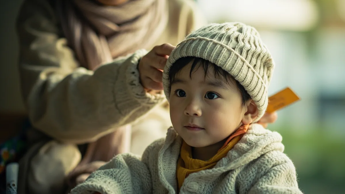 A young person puts on a warm knitted cap before leaving the house, illustrating “put on your hat” in Chinese: 戴上帽子 (dài shàng màozi)