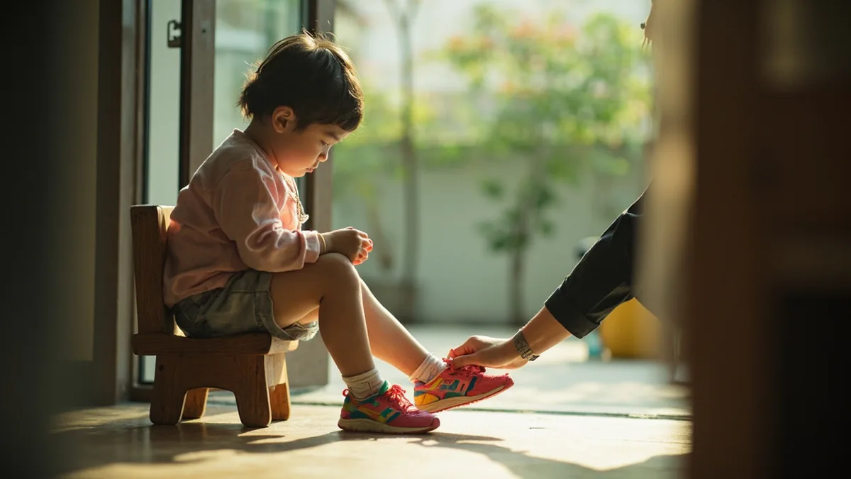 A child quickly slips their feet into a pair of sneakers at the doorway, illustrating “put on your shoes” in Chinese: 穿鞋 (chuān xié)
