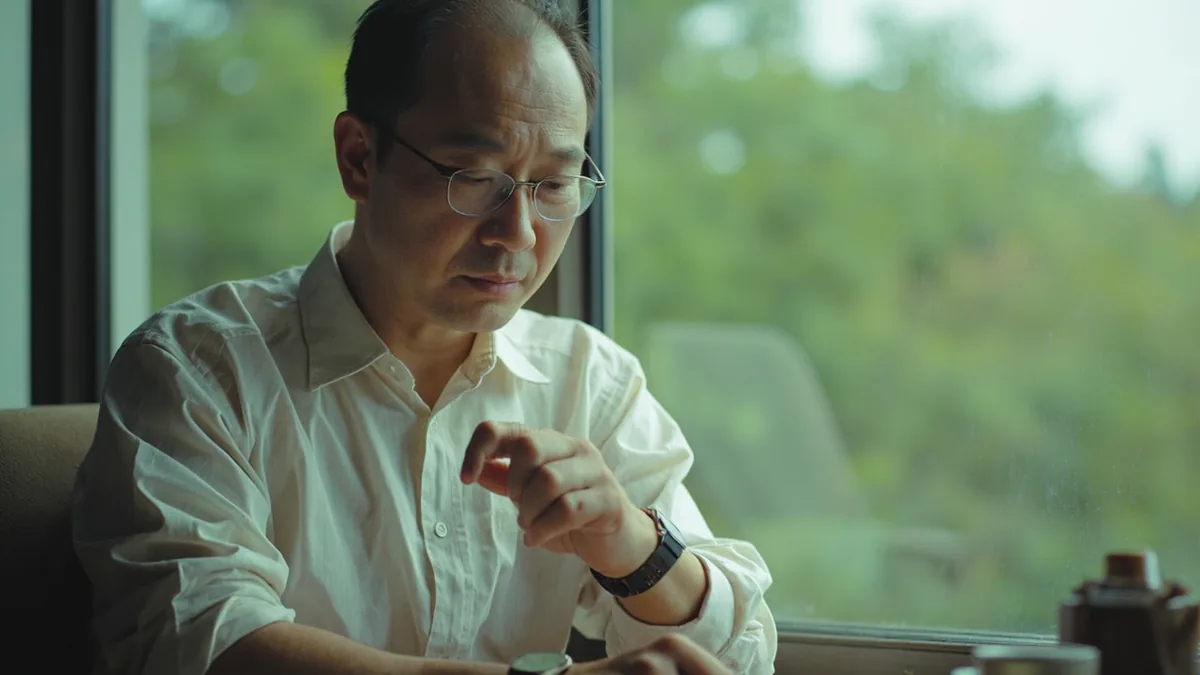 A person checks their blank wrist watch to see it is a quarter past the hour, illustrating “quarter past (15 minutes)” in Chinese: 一刻 (yí kè)