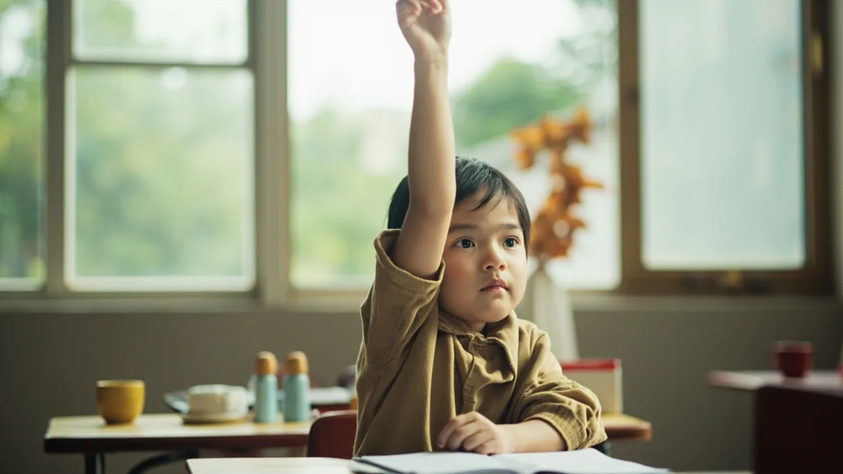 A young student eagerly raises their hand in a classroom, ready to answer a question, illustrating “raise your hand” in Chinese: 举手 (jǔ shǒu)
