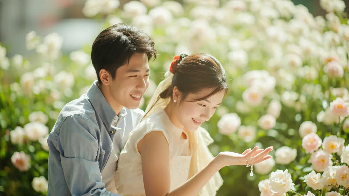 A couple plans a spring outing counting on fingers, illustrating “may 3rd (reading dates)” in Chinese: 五月三号 (wǔ yuè sān hào)