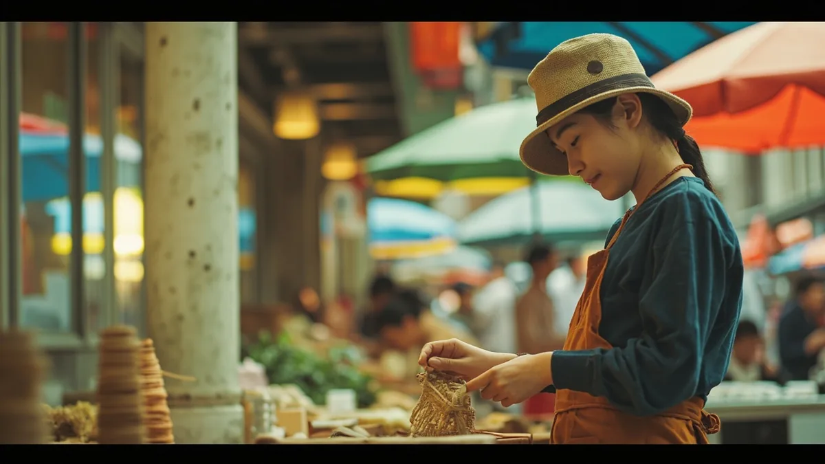A young woman smiles while observing an artisan at work at a market stall, illustrating “really interesting or fun” in Chinese: 真有意思 (zhēn yǒuyìsi)
