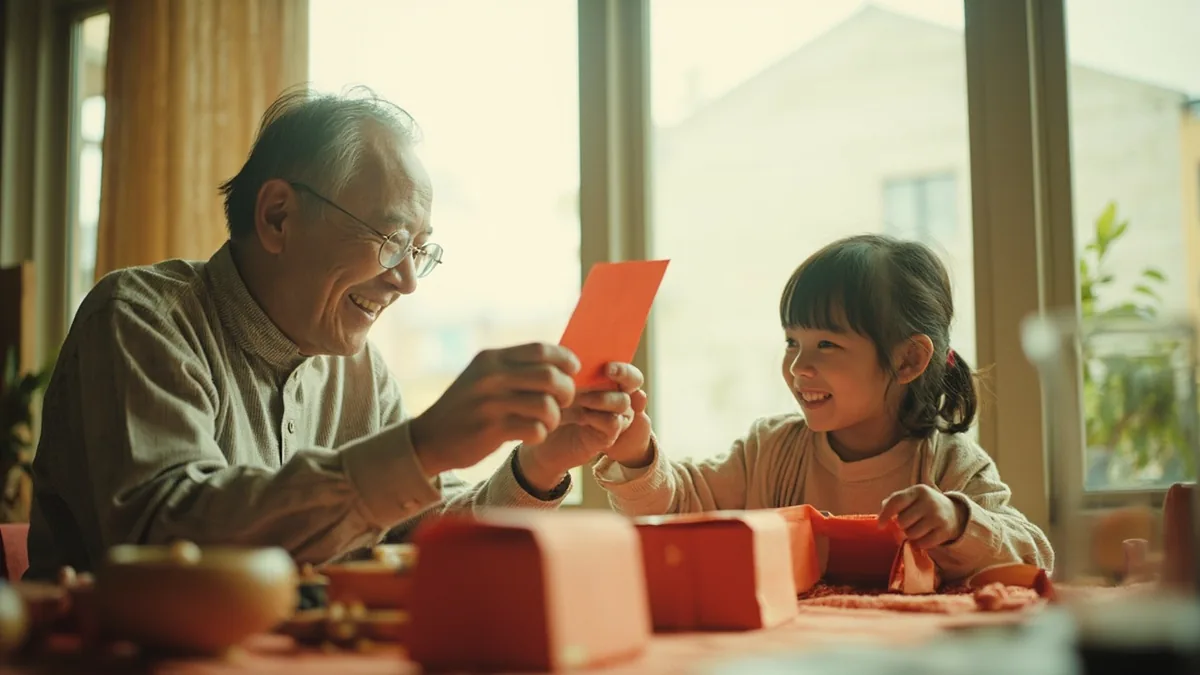 An older relative hands a child a vibrant red envelope during a family gathering, illustrating “red envelope” in Chinese: 红包 (hóngbāo)