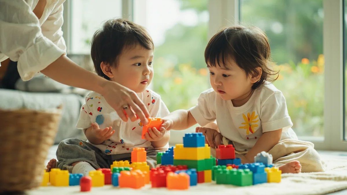 A parent gently reminds two children to share a colorful toy block, illustrating “remember to share” in Chinese: 要分享哦 (yào fēnxiǎng o.)