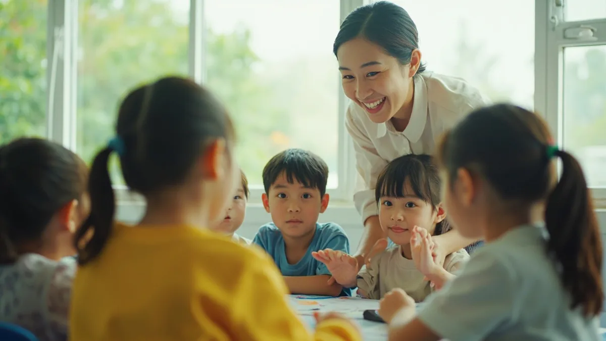A teacher gestures to students to repeat a phrase, illustrating “repeat after me” in Chinese: 跟我读 (gēn wǒ dú)