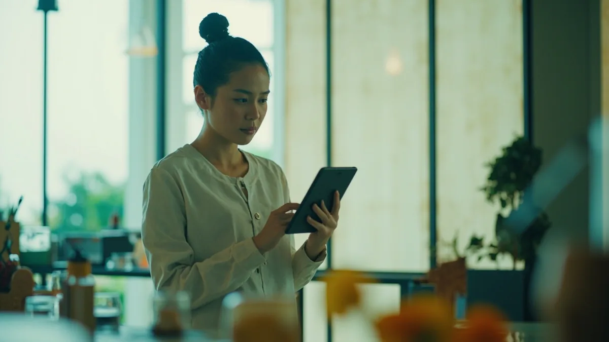A project manager checks a device, awaiting a colleague's task confirmation, illustrating “reply to me once confirmed” in Chinese: 确认后回复我 (quèrèn hòu huífù wǒ)
