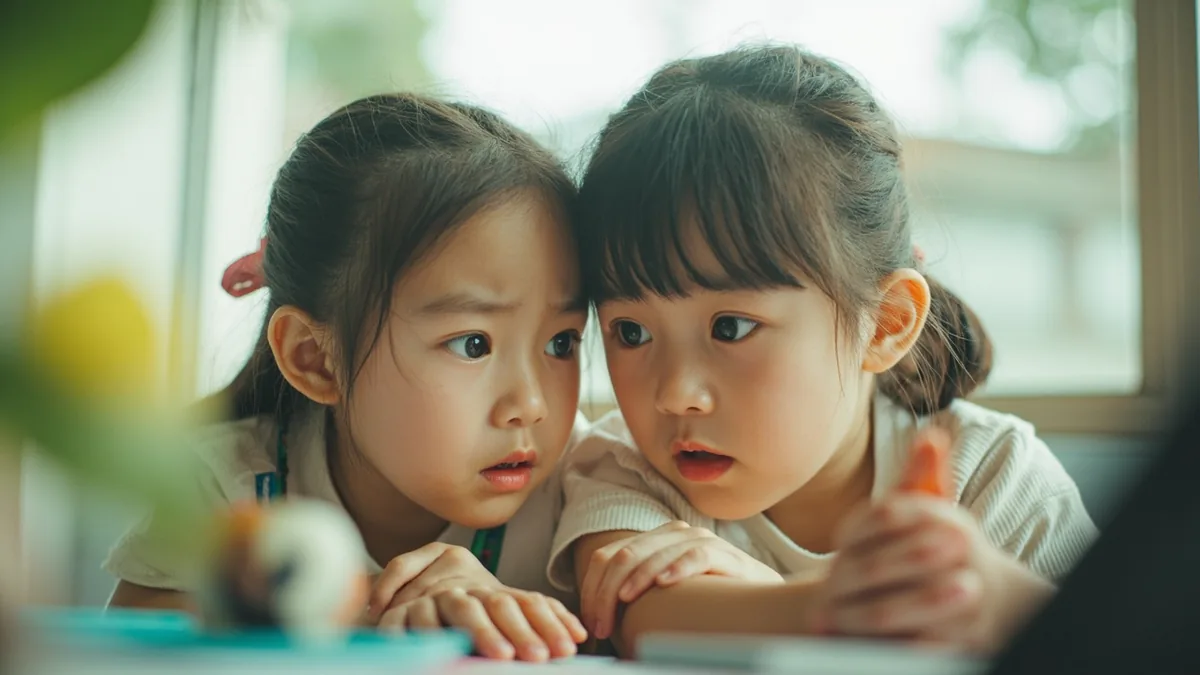 An older sibling reassures a younger one about a school event, illustrating “rest assured” in Chinese: 放心吧 (fàngxīn ba)