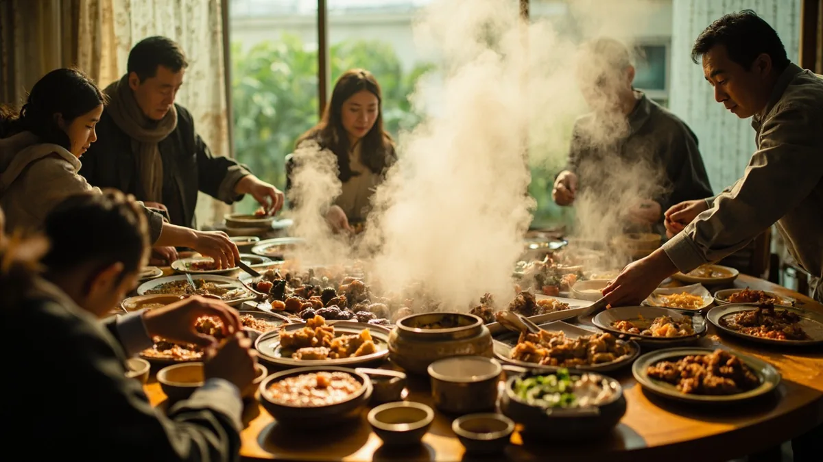 A family shares a special holiday meal at a large table, illustrating “reunion dinner” in Chinese: 年夜饭 (niányèfàn)