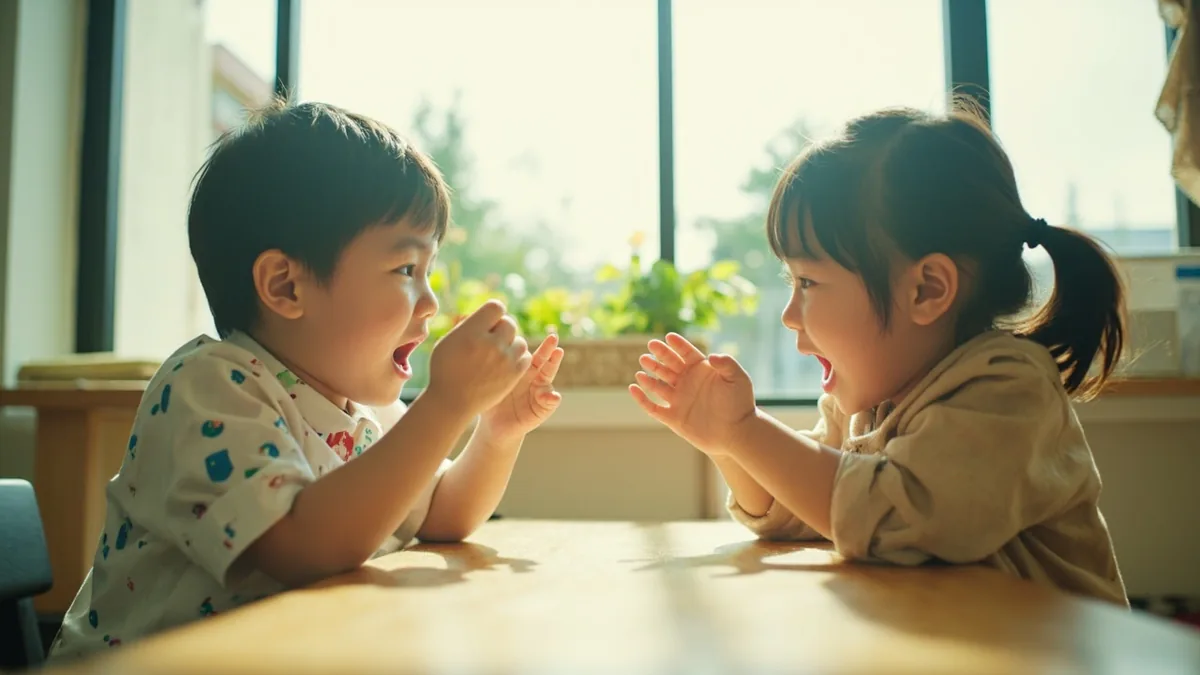 Two children play rock paper scissors to decide a turn, illustrating “rock, paper, scissors” in Chinese: 石头剪刀布 (shítou jiǎndāo bù)