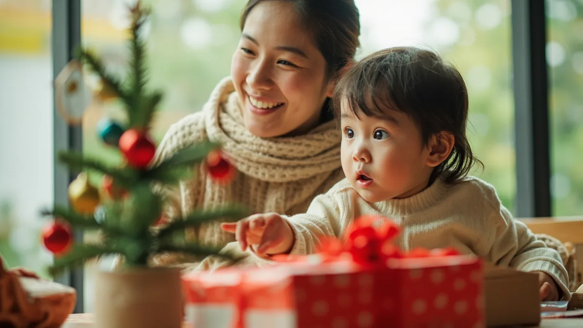A child excitedly points to a wrapped gift under a small decorated tree, illustrating “santa claus” in Chinese: 圣诞老人 (Shèngdàn lǎorén)