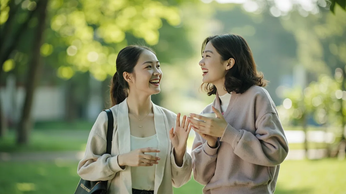 Two friends make plans for a weekend outing together, illustrating “saturday” in Chinese: 星期六 (xīngqīliù)