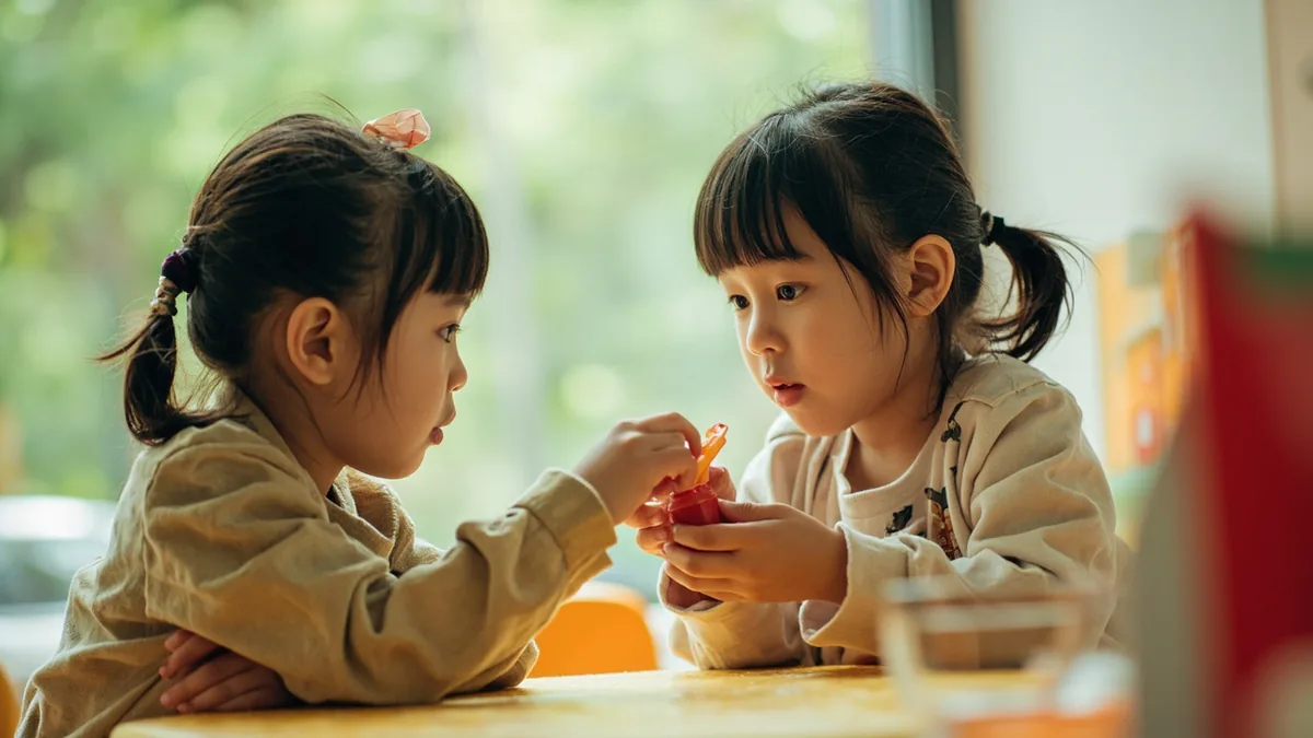 A child offers a small toy to another as an apology for a mistake, illustrating “say you're sorry” in Chinese: 说对不起 (shuō duìbuqǐ)