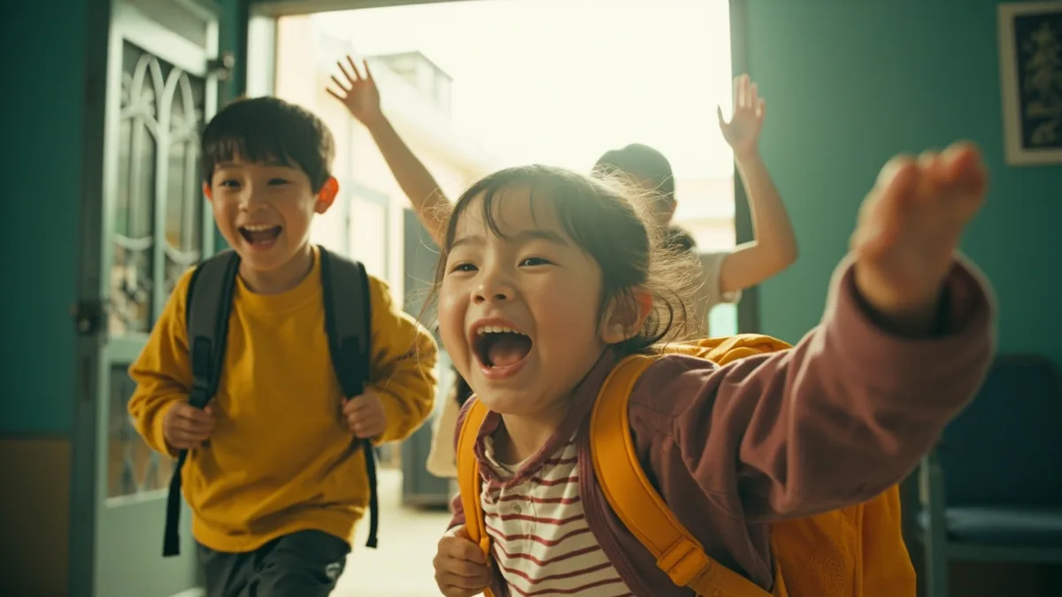Happy students rush out of a school building after classes, illustrating “school's out” in Chinese: 放学了 (fàngxué le)