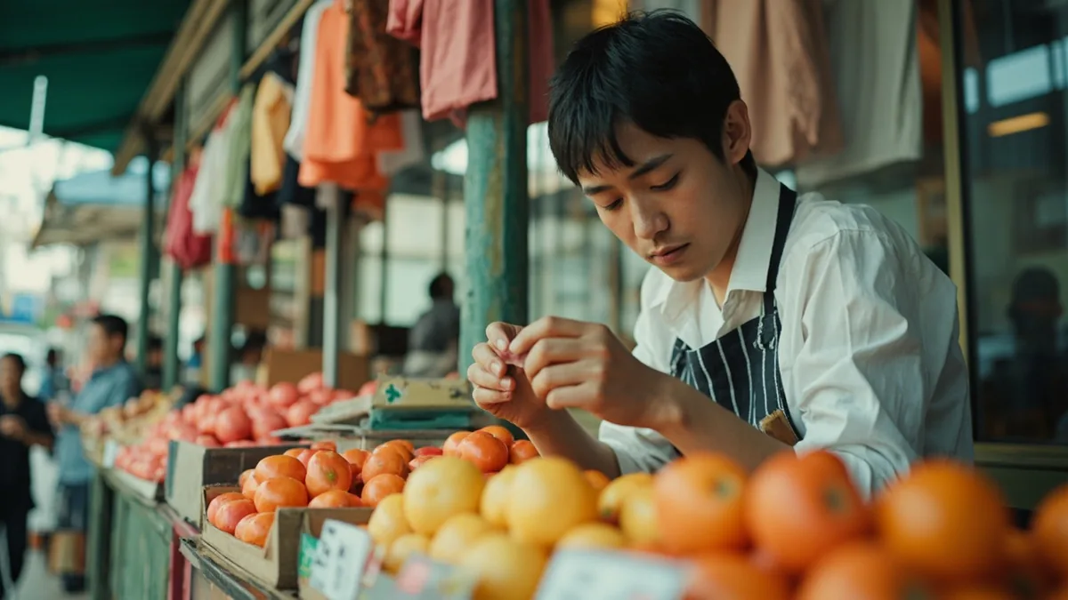 A customer selects two items from a display for a discount, illustrating “second item half price” in Chinese: 第二件半价 (dì'èr jiàn bànjià)