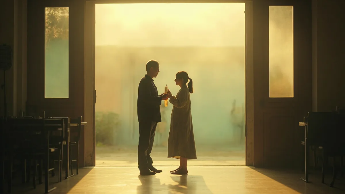 A young woman waves goodbye to a friend after their evening class, indicating a plan for tomorrow, illustrating “see you tomorrow” in Chinese: 明天见 (míngtiān jiàn)
