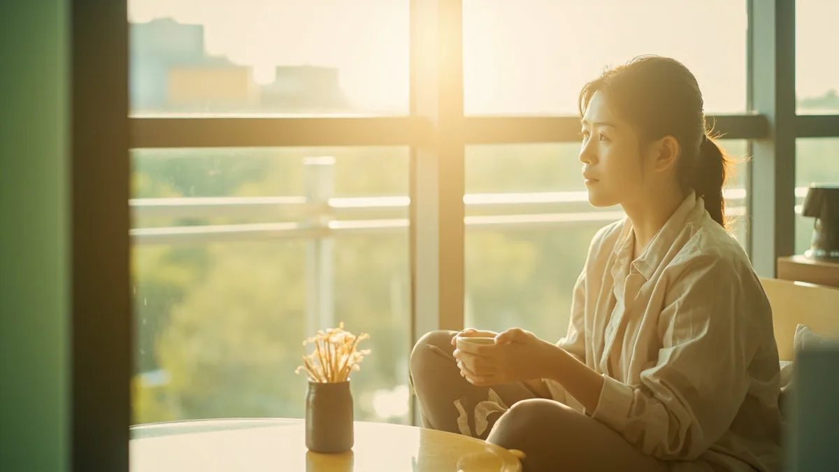 A person enjoys a quiet moment with a cup of tea, illustrating “self love” in Chinese: 自爱 (zì'ài)