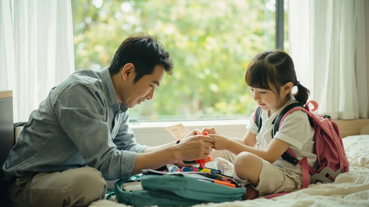 A parent helps a young child pack a new school bag for classes, illustrating “september” in Chinese: 九月 (jiǔ yuè)
