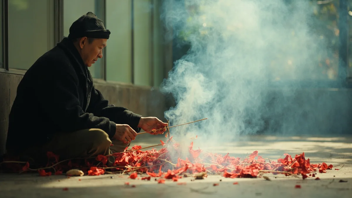 An adult carefully lights a string of red firecrackers outdoors, illustrating “set off firecrackers” in Chinese: 放鞭炮 (fàng biānpào)