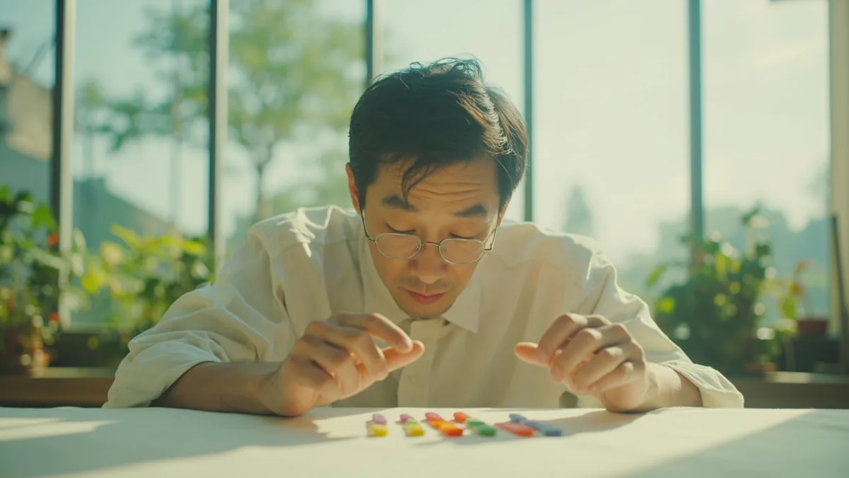 A person counts out seven small items carefully, illustrating “seven” in Chinese: 七 (qī)