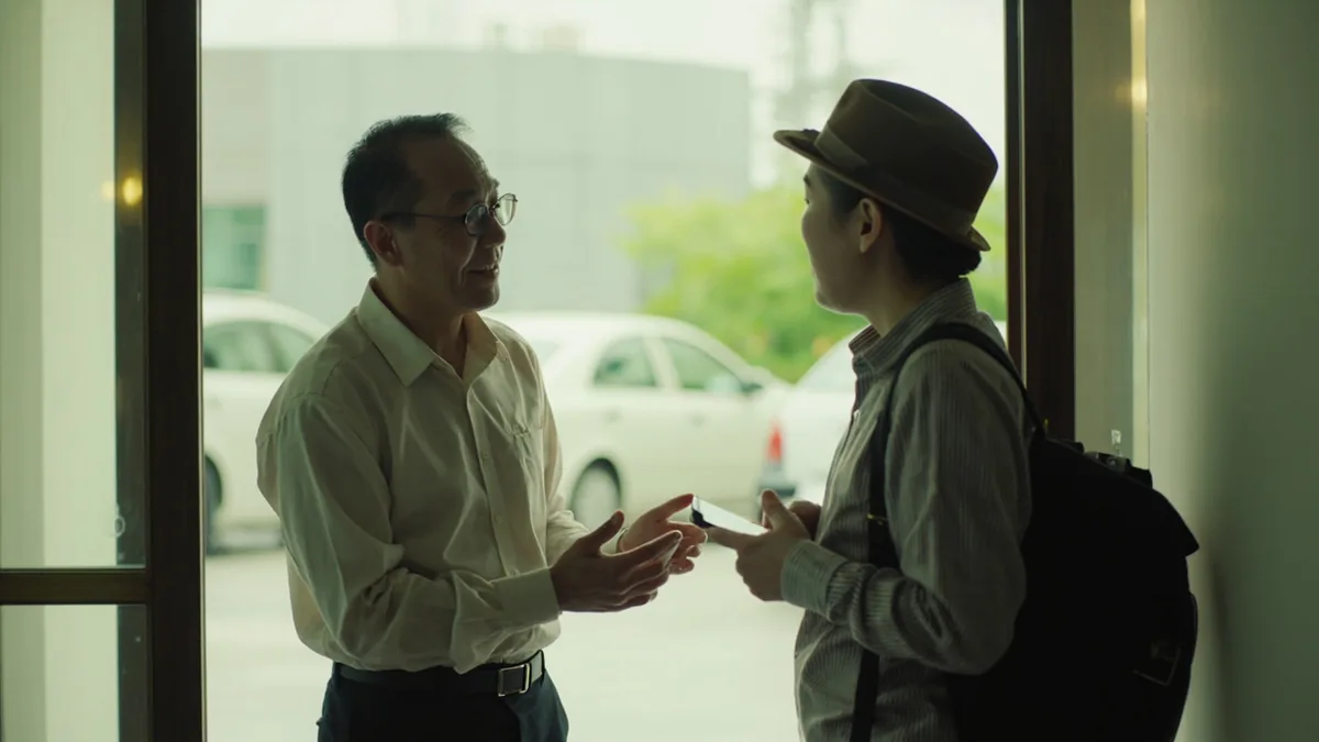 A hotel staff member offers a guest transportation assistance, illustrating “shall I call you a taxi” in Chinese: 需要叫车吗？ (xūyào jiàochē ma?)
