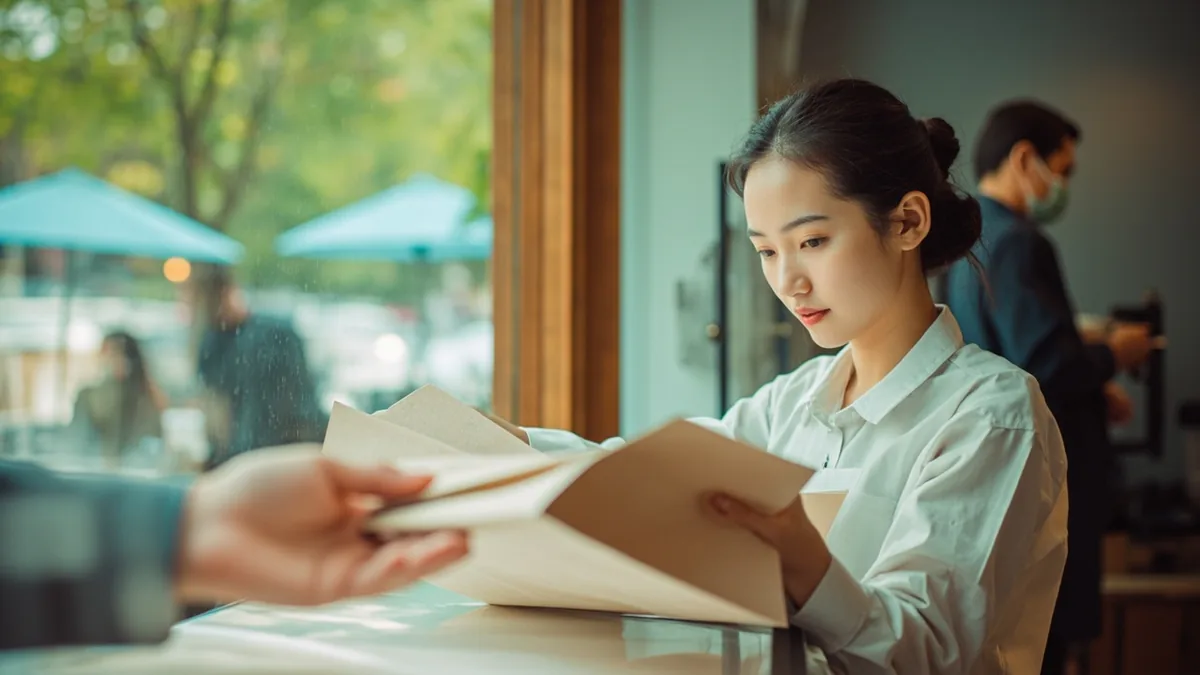 A retail assistant offers to gift-wrap a purchased item, illustrating “shall I gift-wrap it” in Chinese: 帮您包装吗？ (bāng nín bāozhuāng ma?)