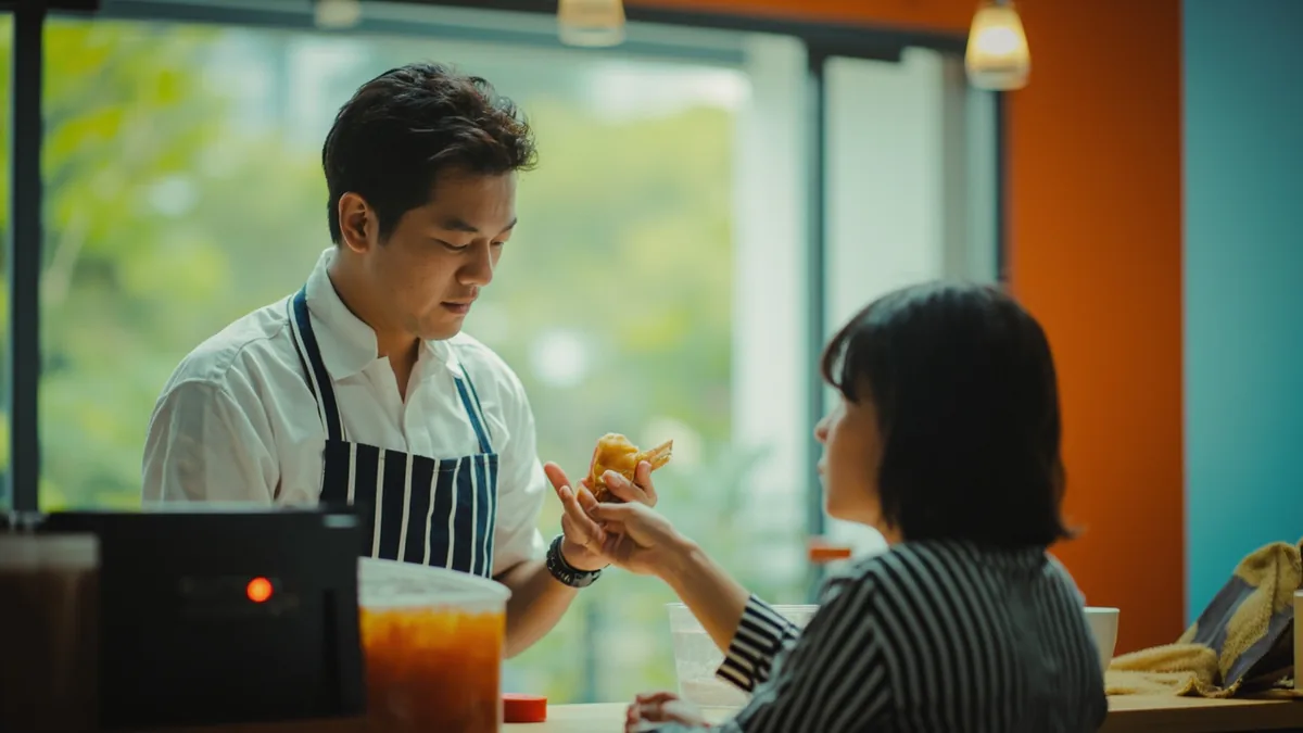 A cafe worker offers to warm up a customer's food item, illustrating “shall I heat it up” in Chinese: 需要加热吗？ (xūyào jiārè ma?)