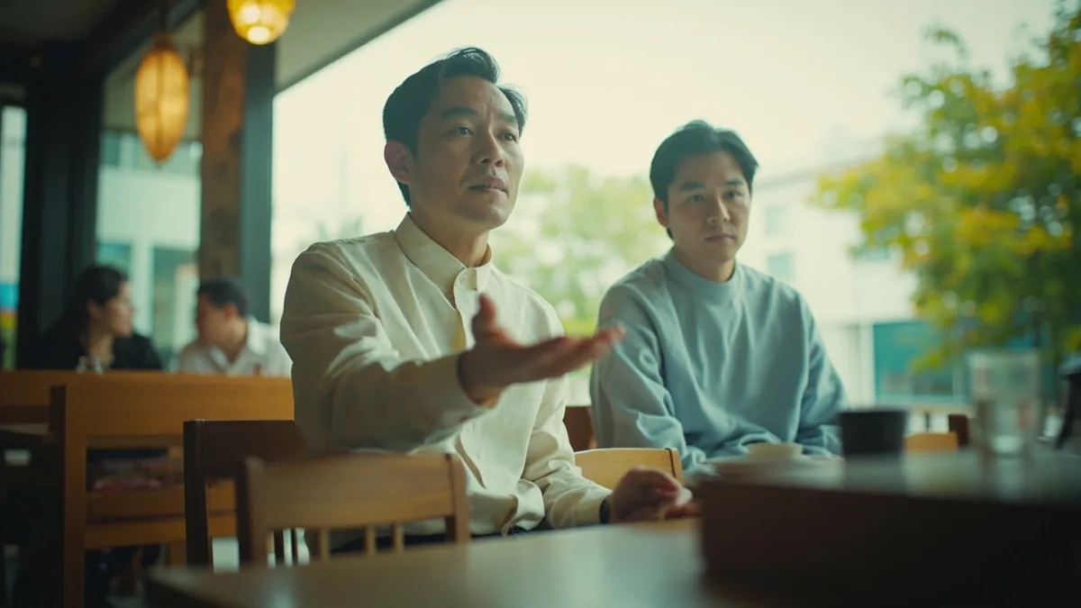 An adult gestures for another person to sit on a chair, illustrating “sit” in Chinese: 坐 (zuò)