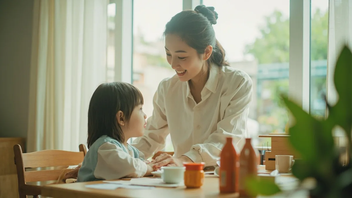 A parent gently corrects a child's posture at a dining table, illustrating “sit properly” in Chinese: 坐好 (zuòhǎo)