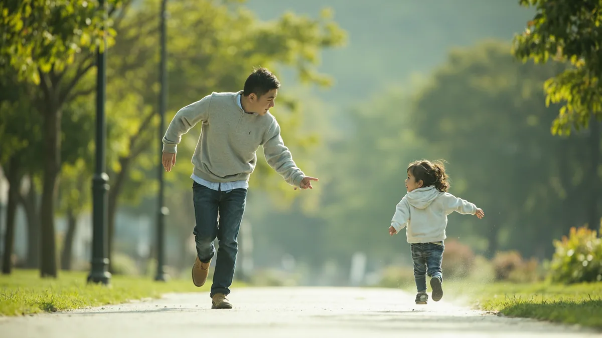 An adult calls out to children running too fast in a park, illustrating “slow down (running)” in Chinese: 慢点跑 (màn diǎn pǎo)