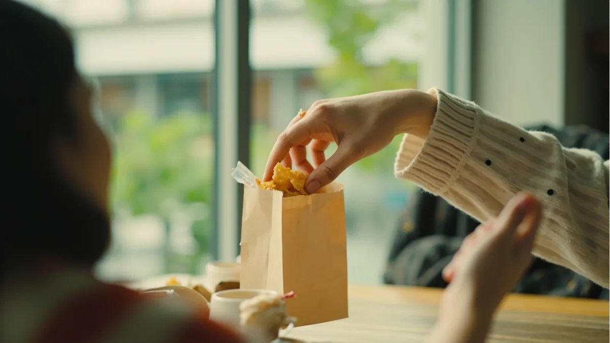 A person opens a small bag of crispy snacks to share with friends, illustrating “snack” in Chinese: 零食 (língshí)