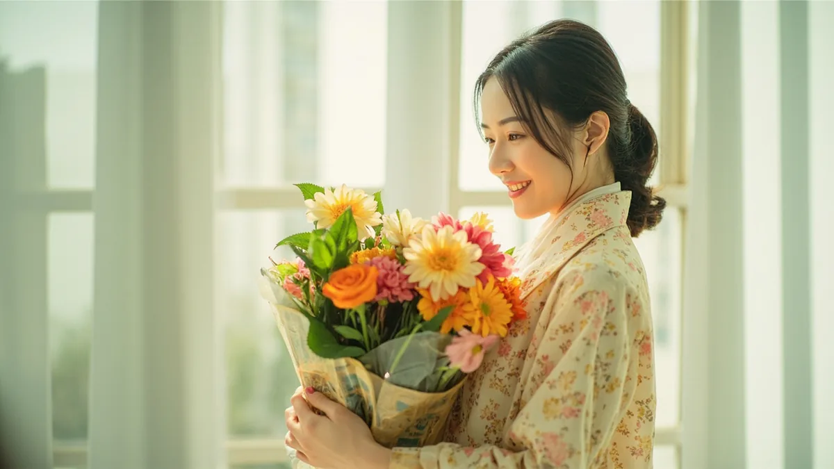 An adult woman holds a freshly arranged bouquet of vibrant flowers, illustrating “so beautiful” in Chinese: 太漂亮了 (tài piàoliang le)