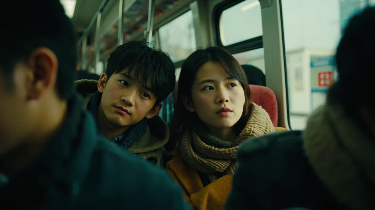 Two friends exchange a wry glance inside a packed commuter carriage, illustrating “so crowded” in Chinese: 人真多 (rén zhēn duō)