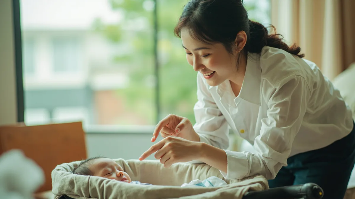 A young adult points with delight at a baby in a stroller, illustrating “so cute” in Chinese: 太可爱了 (tài kě'ài le)