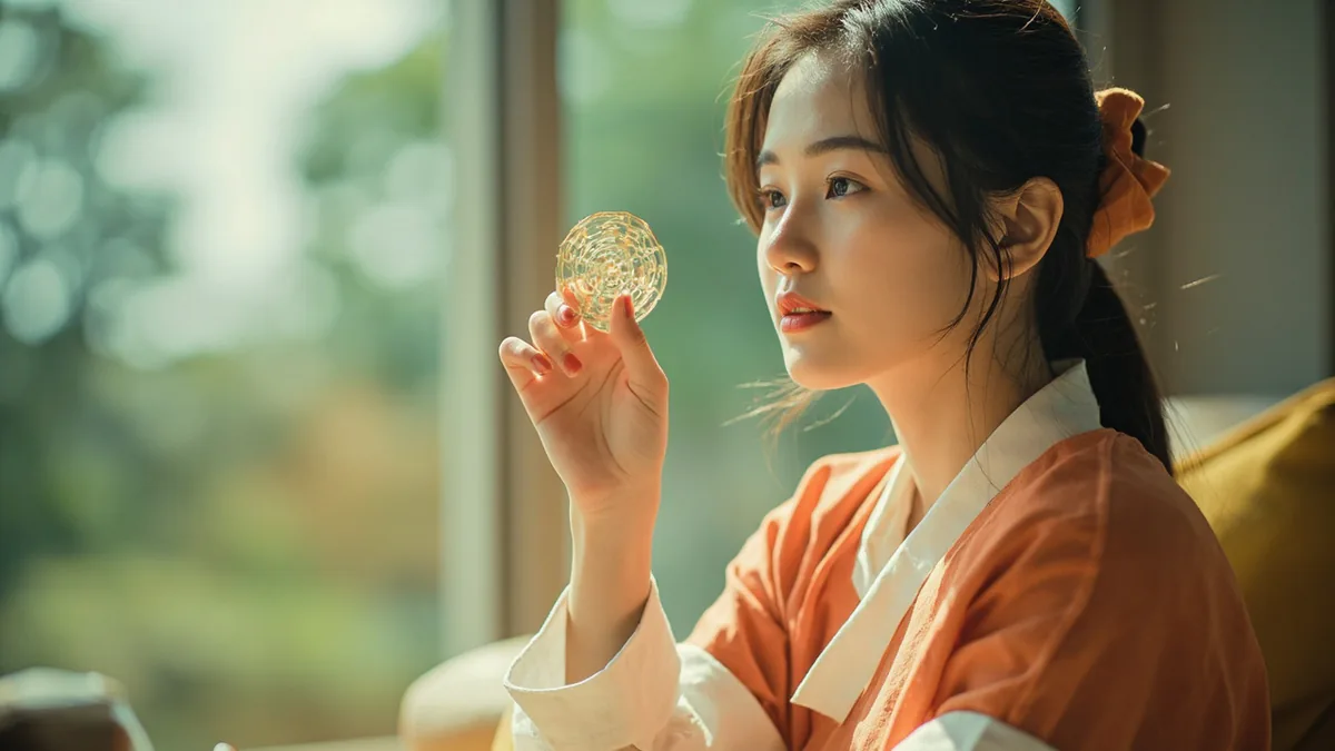 A young adult woman holds up a decorative item, admiring its charm, illustrating “so pretty” in Chinese: 好漂亮 (hǎo piàoliang)